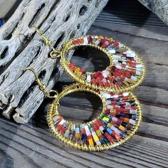 Beaded Red Multi Tiny Glass Beads Gogo Gold Tone Hoop Earrings - Picture 4 of 8
